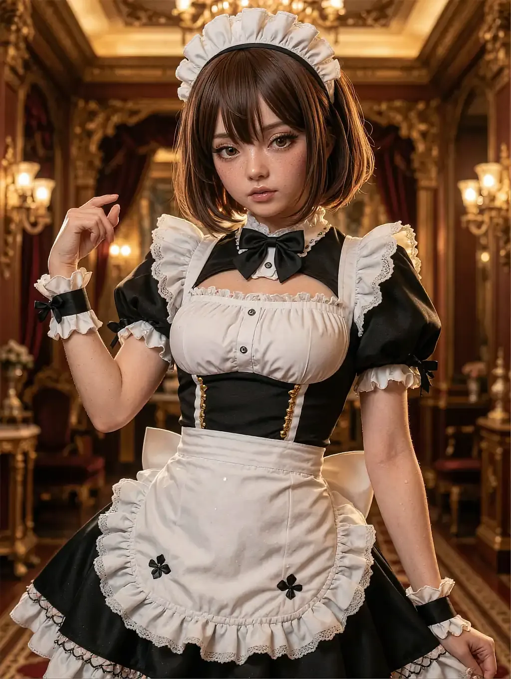 Illustrated anime character Ena, surrounded by half-finished costume pieces