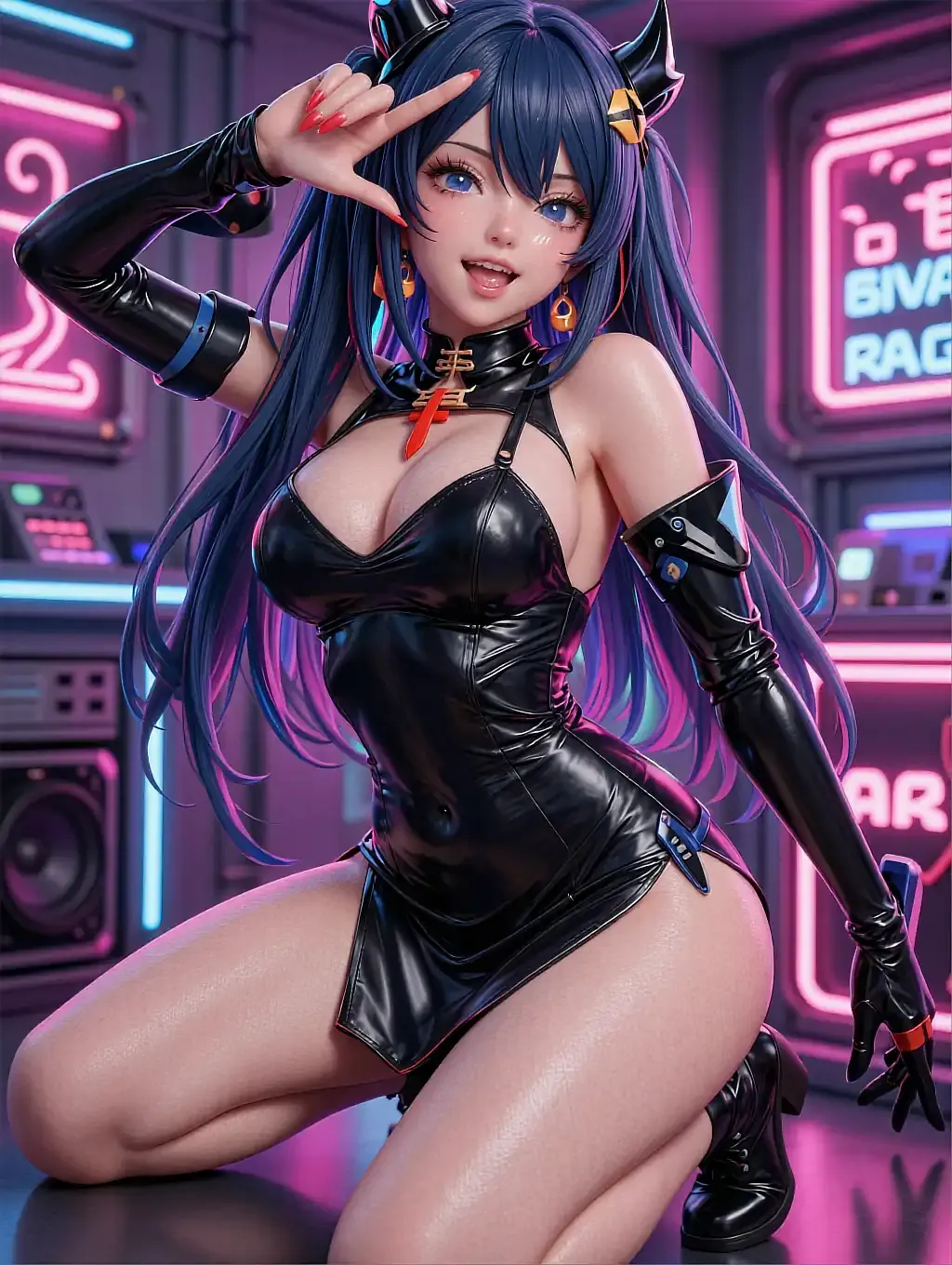 Illustrated anime character featured on the AI hentai chat page, in a lamplit room