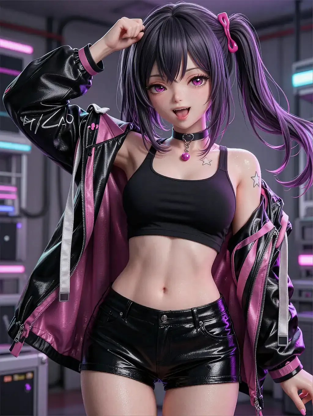 Illustrated anime character featured on the hentai AI bot page, in a dim room