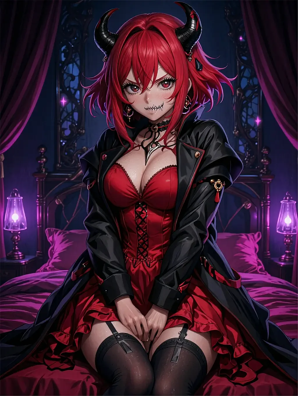 Illustrated anime character featured on the hentai AI bot page, at night